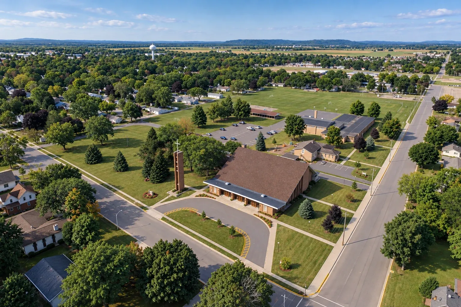 Aerial view of St. Aloysius church and campus in Sauk City